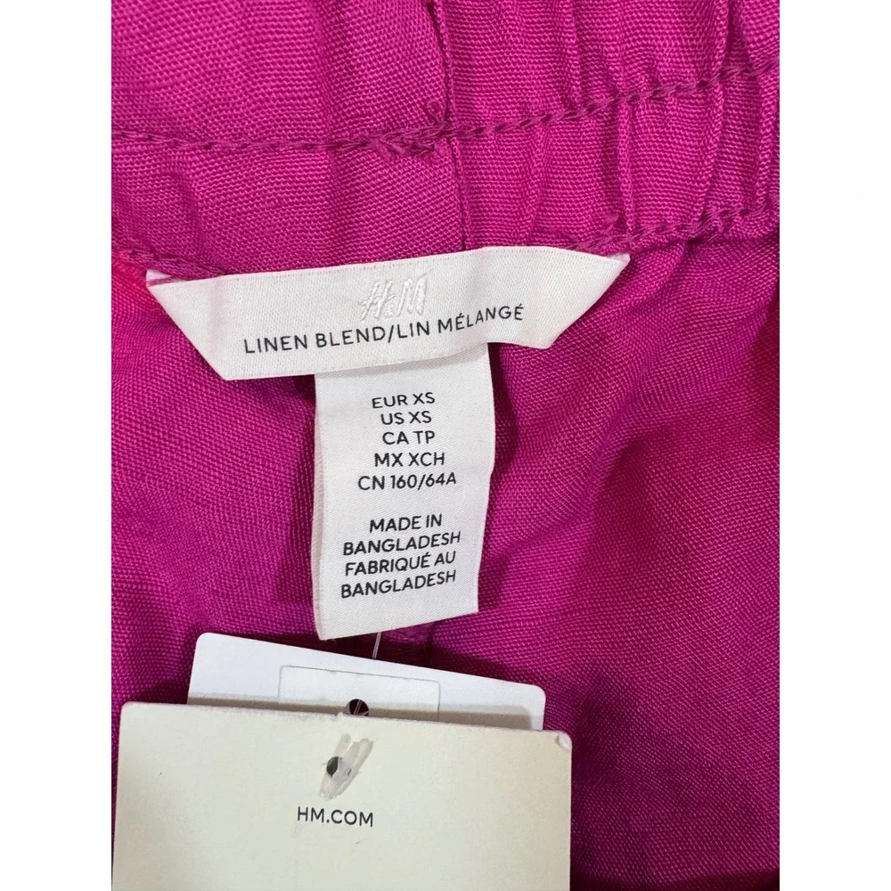 H&M Linen Blend Wide Leg Pants Magenta Pink Elastic Waist Womens XS New